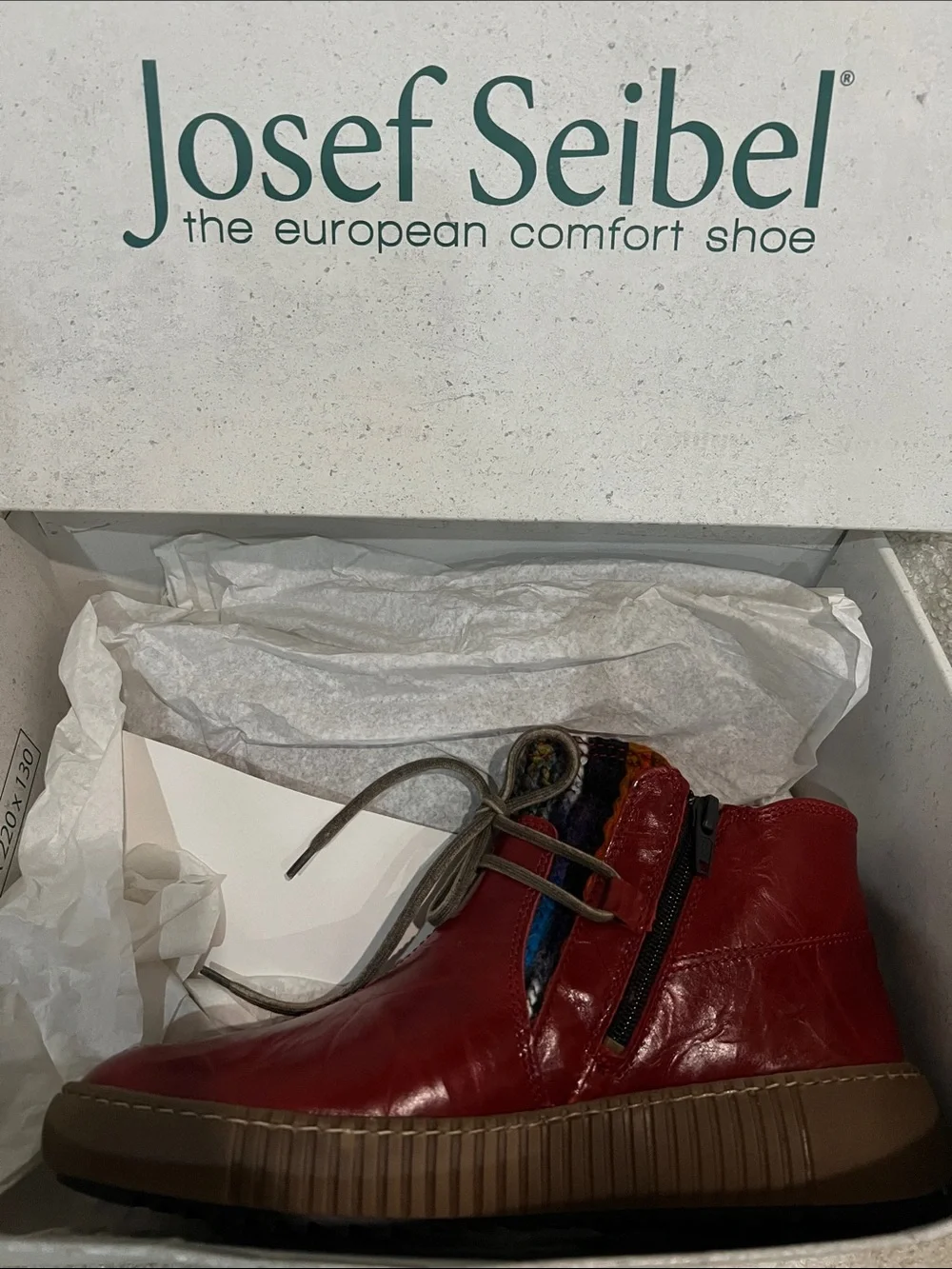 Josef Seibel Red Leather Ankle Boot with Multicolor Knit Insert
